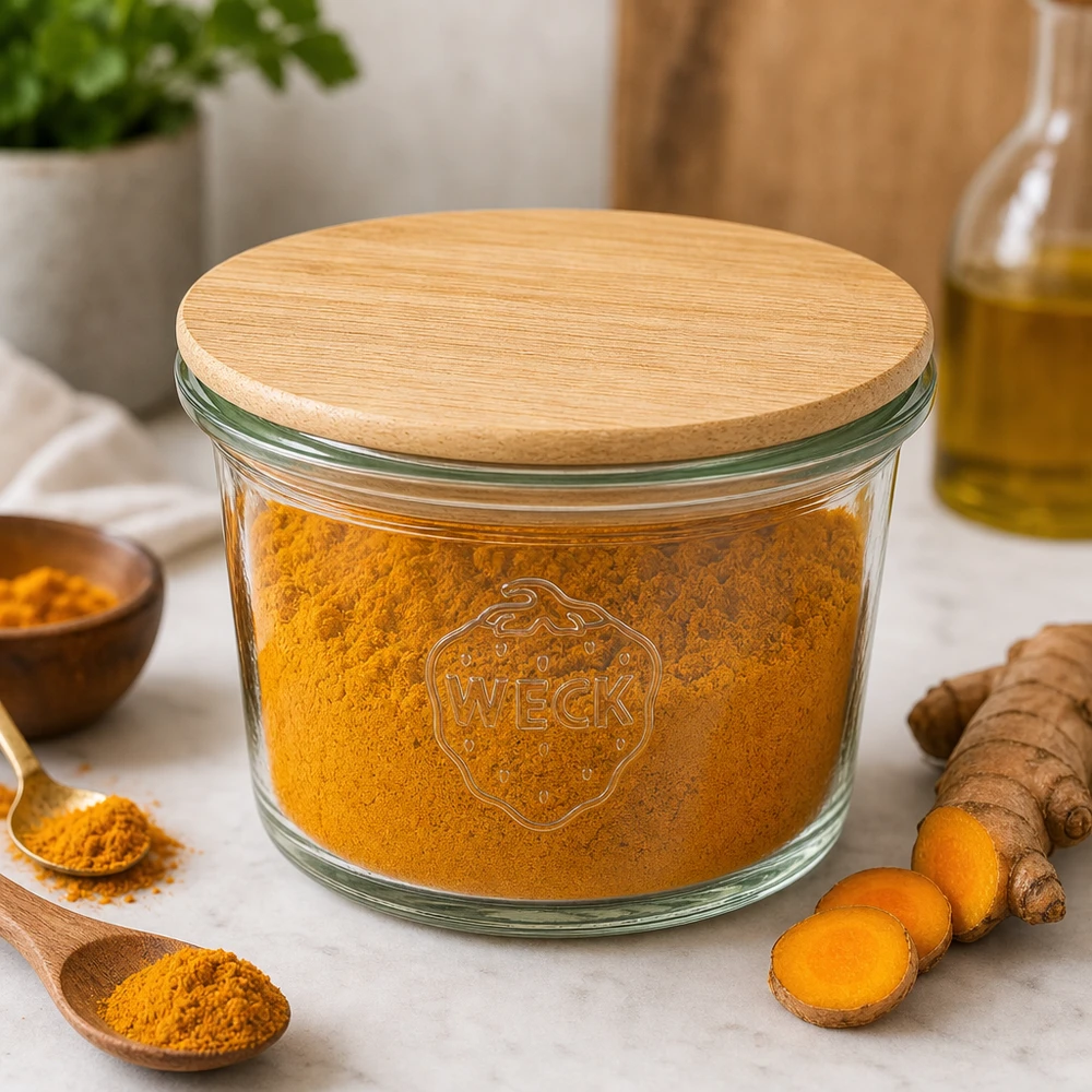 Mini tarro de cristal WECK de 35 ml con tapa de madera lleno de cúrcuma en polvo en la cocina junto a raíces de cúrcuma frescas y especias