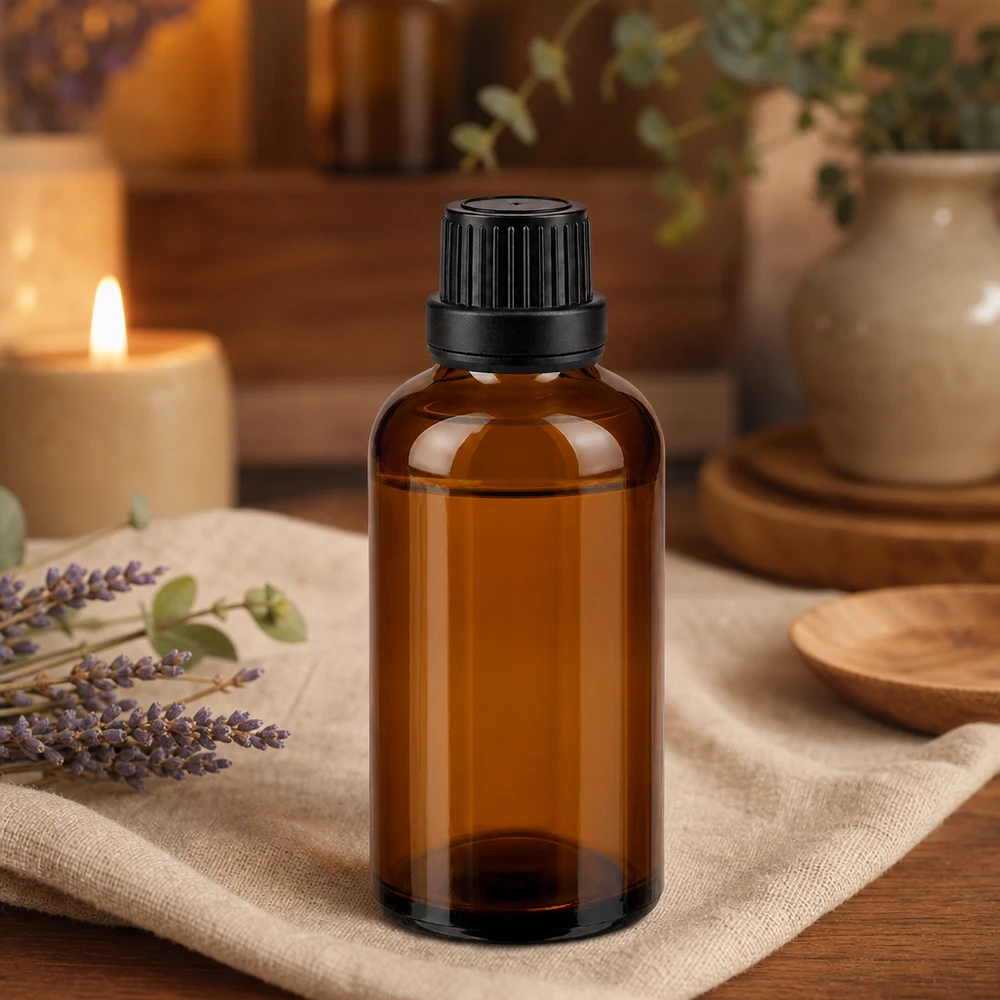 Botella de farmacia marrón 50ml tapón rosca negro cierre inviolable Botella de vidrio ámbar de 50 ml con tapón de rosca negro a prueba de niños, para aromaterapia y bienestar