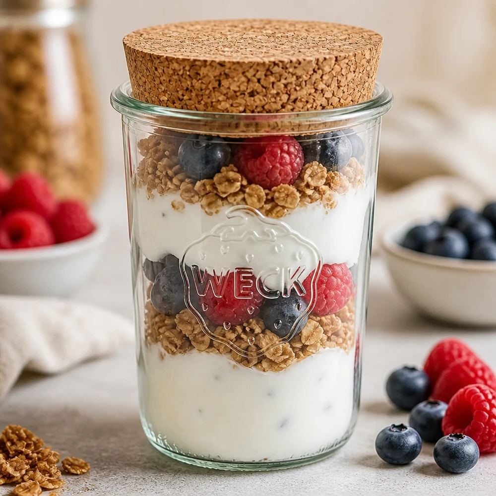 Vasos WECK 850ml RR100 con corcho como tarro de parfait de yogur con granola de bayas y postre de capas de yogur natural