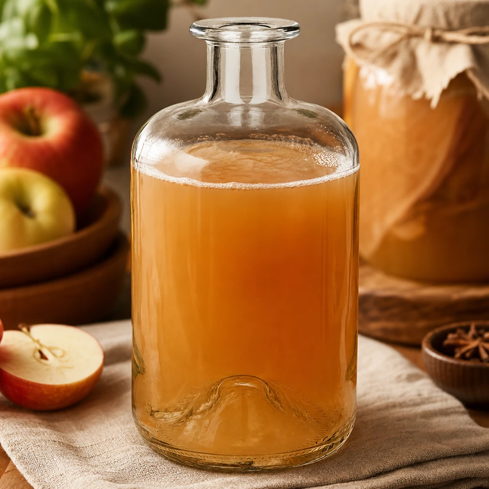 Botella de farmacia «500ml Glasflasche "Luna" ohne Verschluss UNiTWIST» de 500 ml sin tapón UNiTWIST® Botella de boticario Luna 500ml llena de zumo de manzana junto a manzanas frescas y especias como decoración natural de cocina