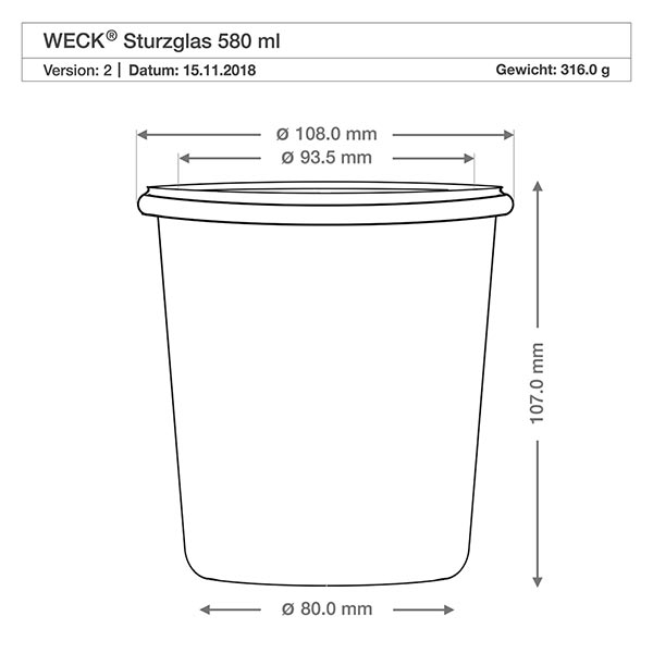36er Set Weck Gläser 580ml Sturzgläser Dibujo técnico Vasos WECK 580ml RR100 con dimensiones Diámetro 108mm Altura 107mm Peso 316g