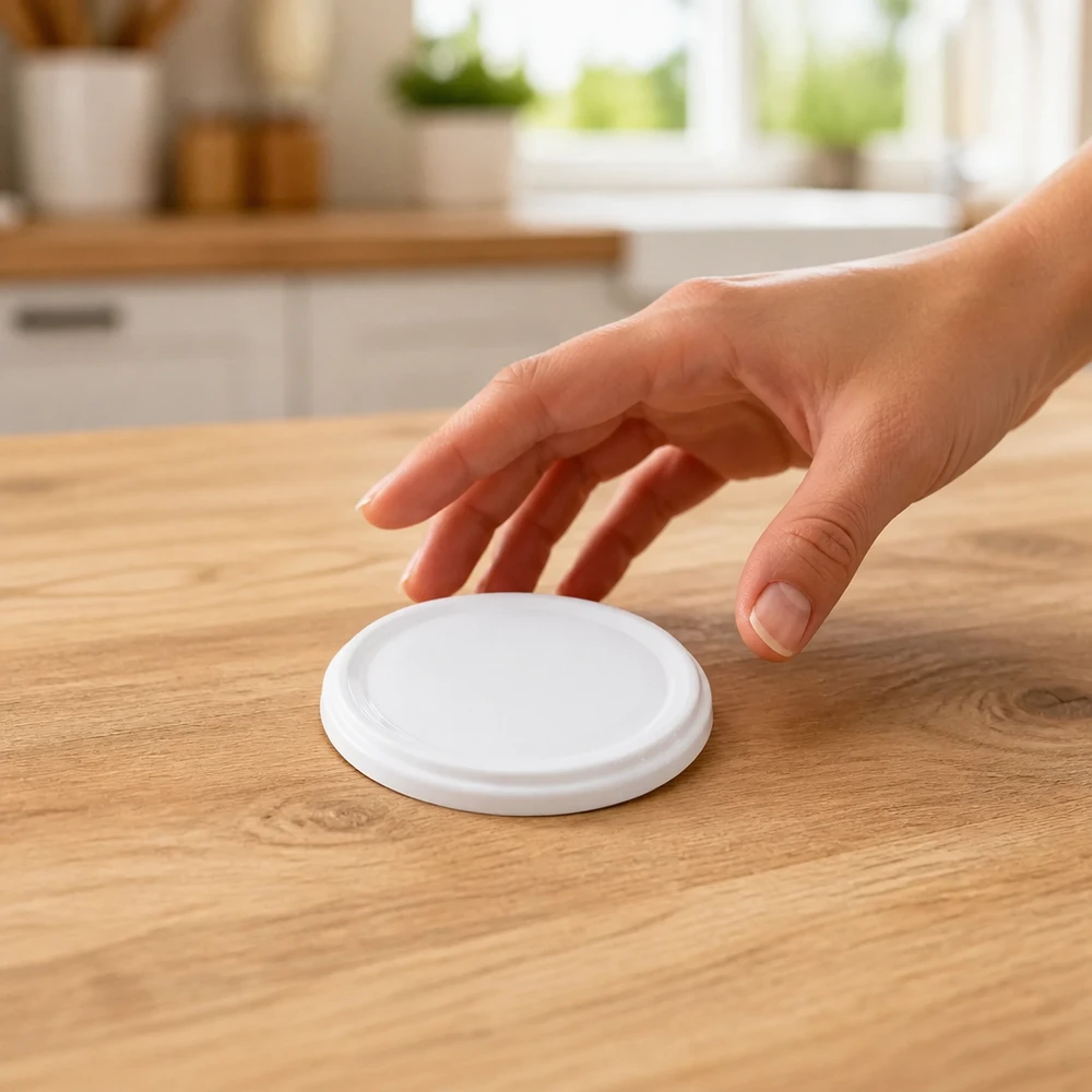 UNiTWIST TO58 blanco, BioSeal, sin BPA, unitemp Tapa BioSeal blanca del UNiTWIST TO58 sobre una mesa de madera; una mano la coge; sin BPA ni NI