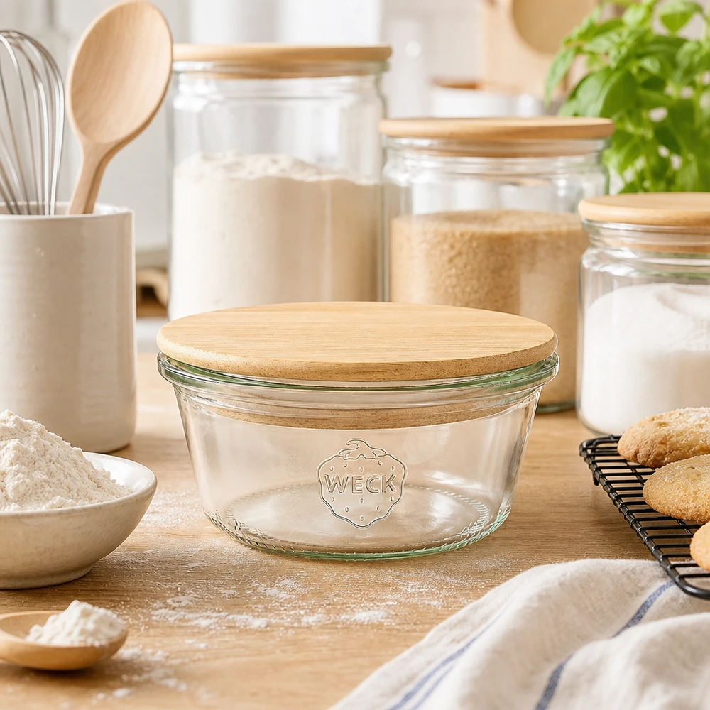 Tarro bajo de 290ml WECK RR100 con tapa de madera WECK vasos 290ml RR100 con tapa de madera de bambú en la cocina de panadería con harina, galletas y organización de almacenamiento