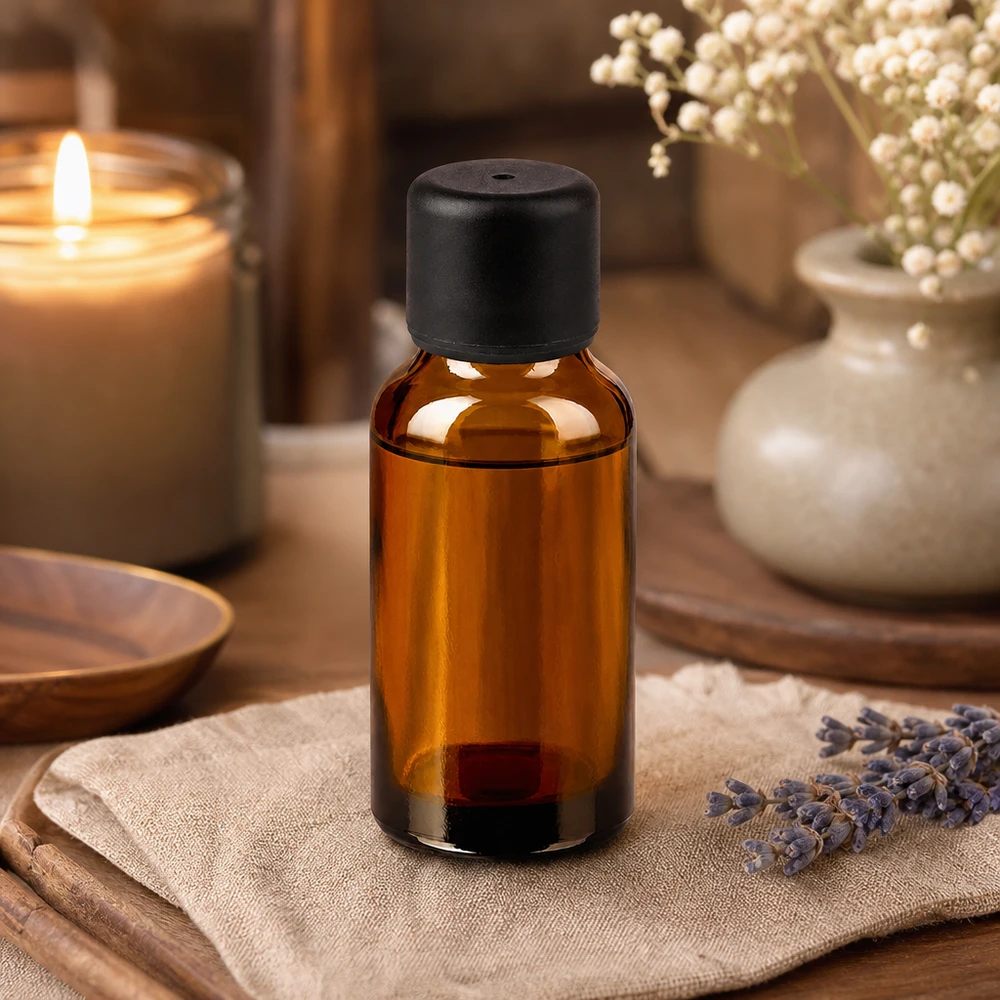 Frasco de vidrio marrón de 20 ml con protección UV y tapón negro hermético para cosméticos