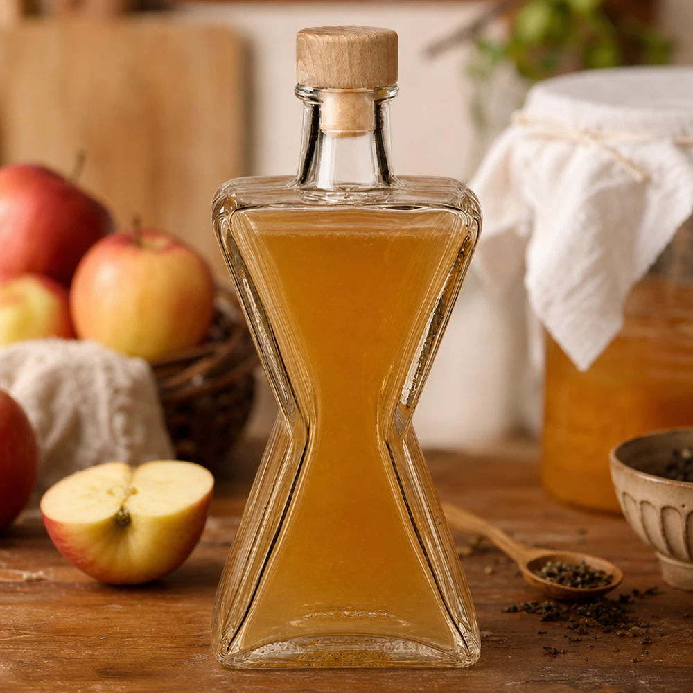 Botella de vidrio de 200 ml «Star» con tapón de corcho con asa de madera UNiTWIST® Botella de cristal de 200 ml Star llena de licor de manzana - tapón de madera UNiTWIST presentado con manzanas frescas en una escena de cocina