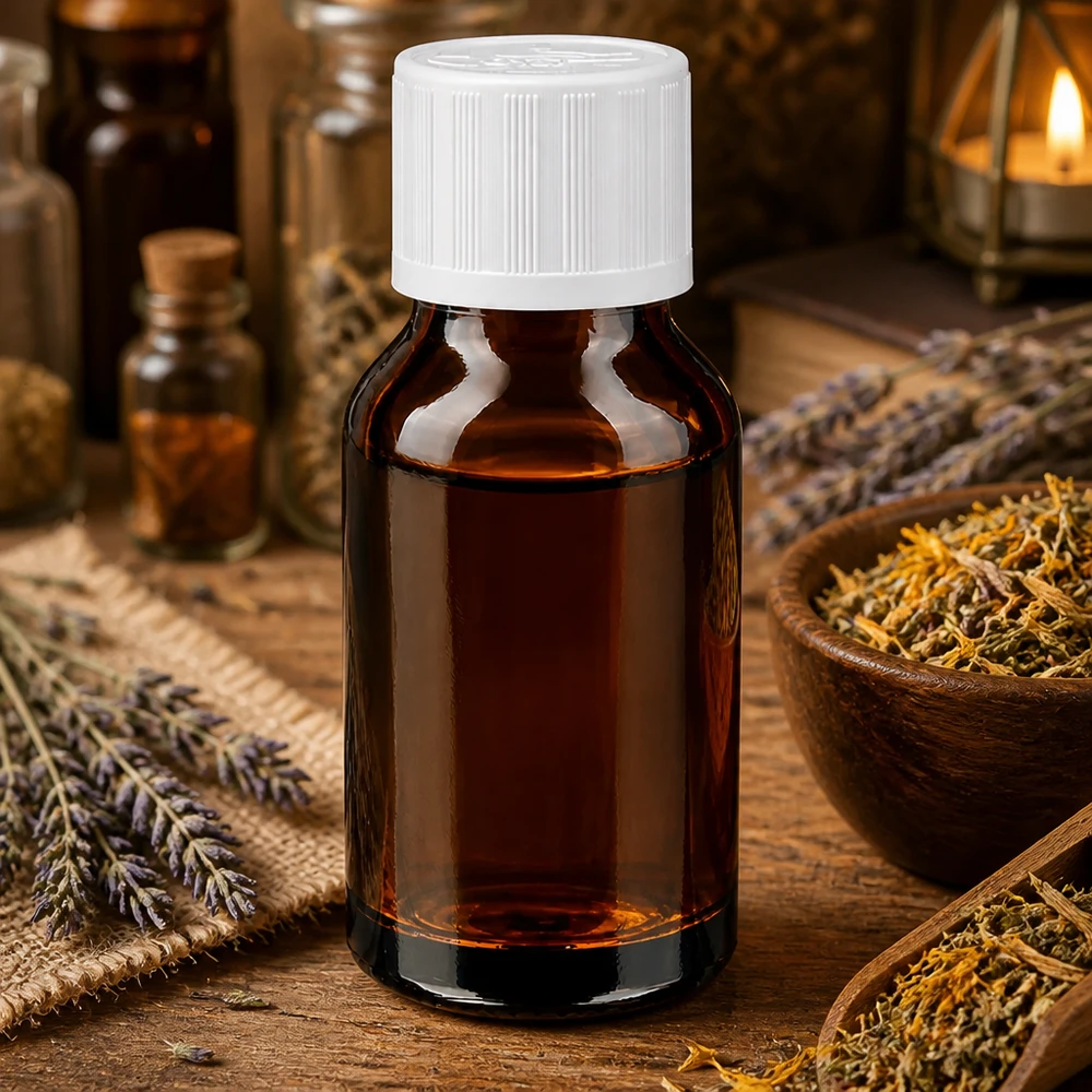 Botella de farmacia marrón 30ml tapón de rosca blanco a prueba de niños estándar Pequeño frasco de farmacia marrón de 30 ml con tapón de rosca blanco entre hierbas secas