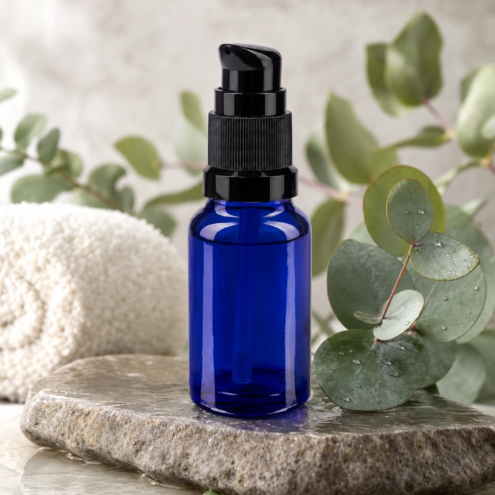 Frasco con dosificador azul de 10 ml de ApoGlas sobre piedra natural con eucalipto en un ambiente de spa