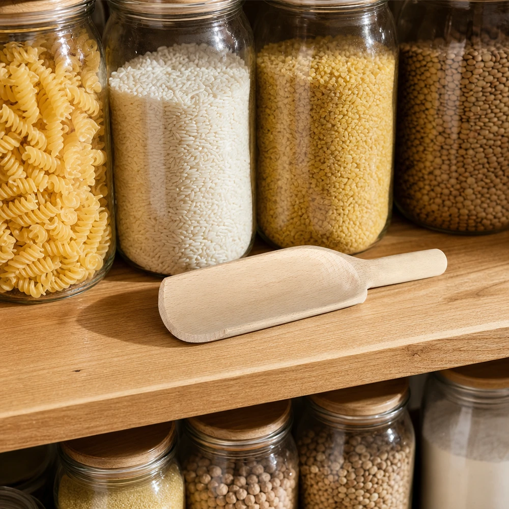 Pala de madera tamaño L forma plana - 180mm de largo Pala de madera L 18cm en despensa organizada con tarros de cristal llenos de pasta arroz cuscús y legumbres