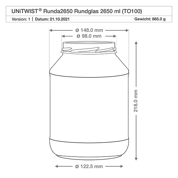 Dibujo técnico UNiTWIST Runda2650 vasos 2650ml con dimensiones diámetro 148mm altura 218mm TO100