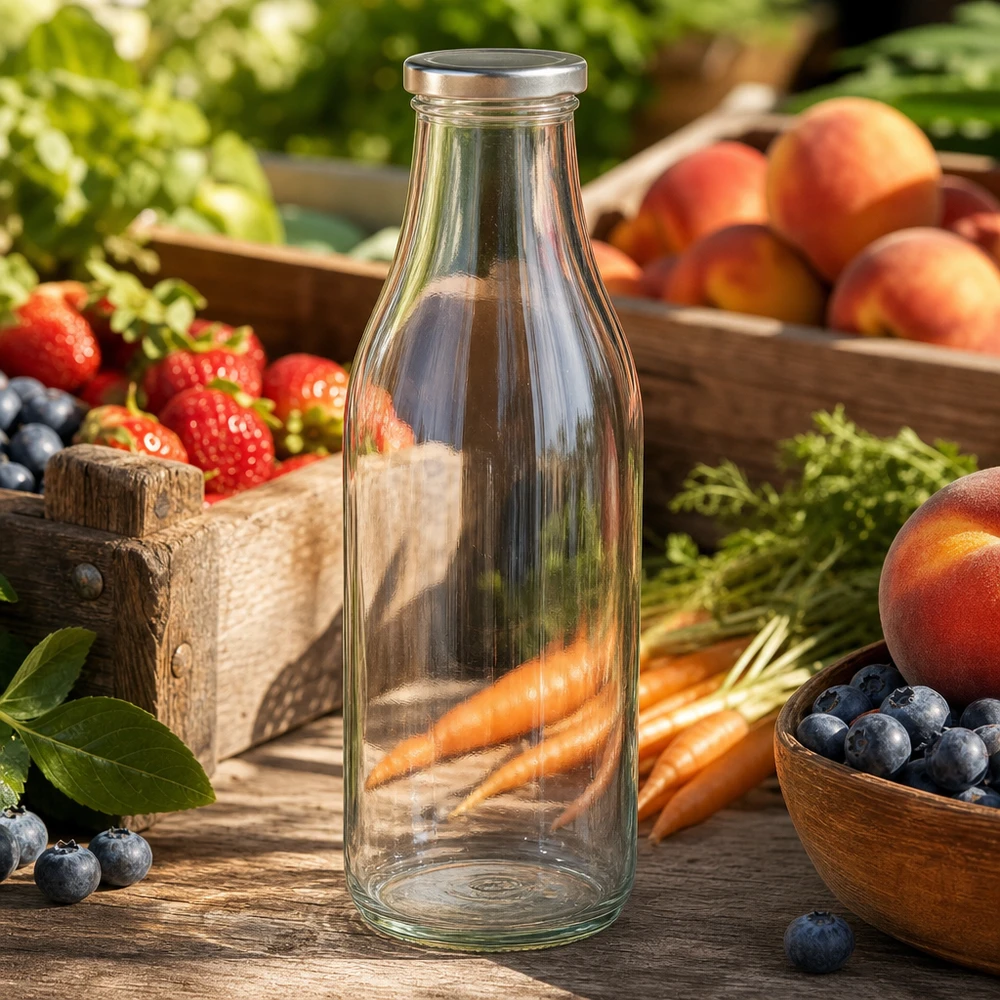 Botella de vidrio de 1000 ml + tapa BasicSeal plateada UNiTWIST Botella de cristal de 1000 ml BasicSeal plateada entre frutas y verduras frescas sobre mesa de madera ambiente natural de puesto de mercado