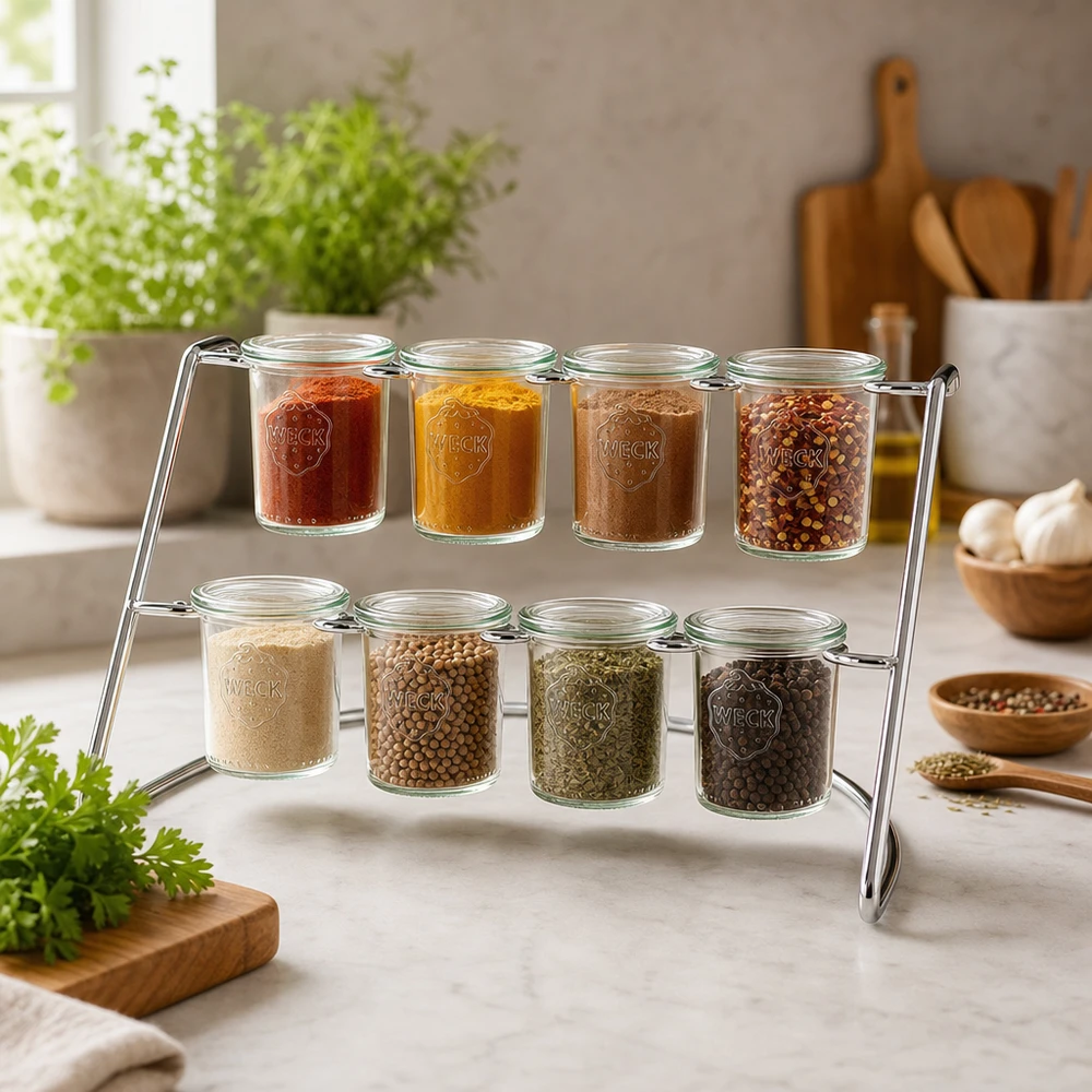 Flato8 estante para servir con especias y hierbas en tarros WECK como especiero en una cocina moderna con macetas para hierbas aromáticas