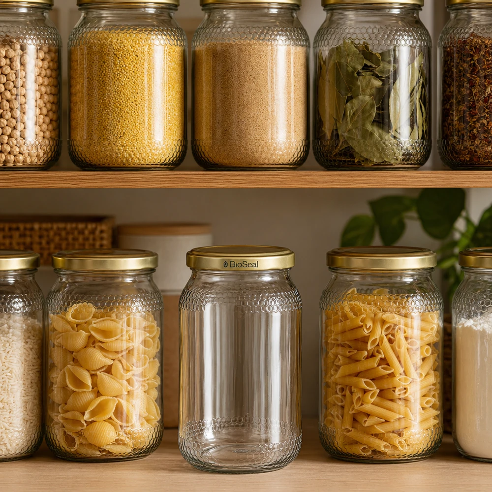Tarro de miel de 900 ml con tapa BioSeal oro en la despensa organizado entre pasta especias cereales despensa