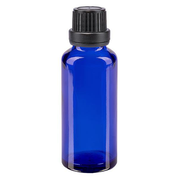 Botella de farmacia azul 30ml tapón cuentagotas anillo vertedor 2mm cierre inviolable negro Botella de farmacia azul 30ml tapón cuentagotas anillo vertedor 2mm cierre inviolable negro