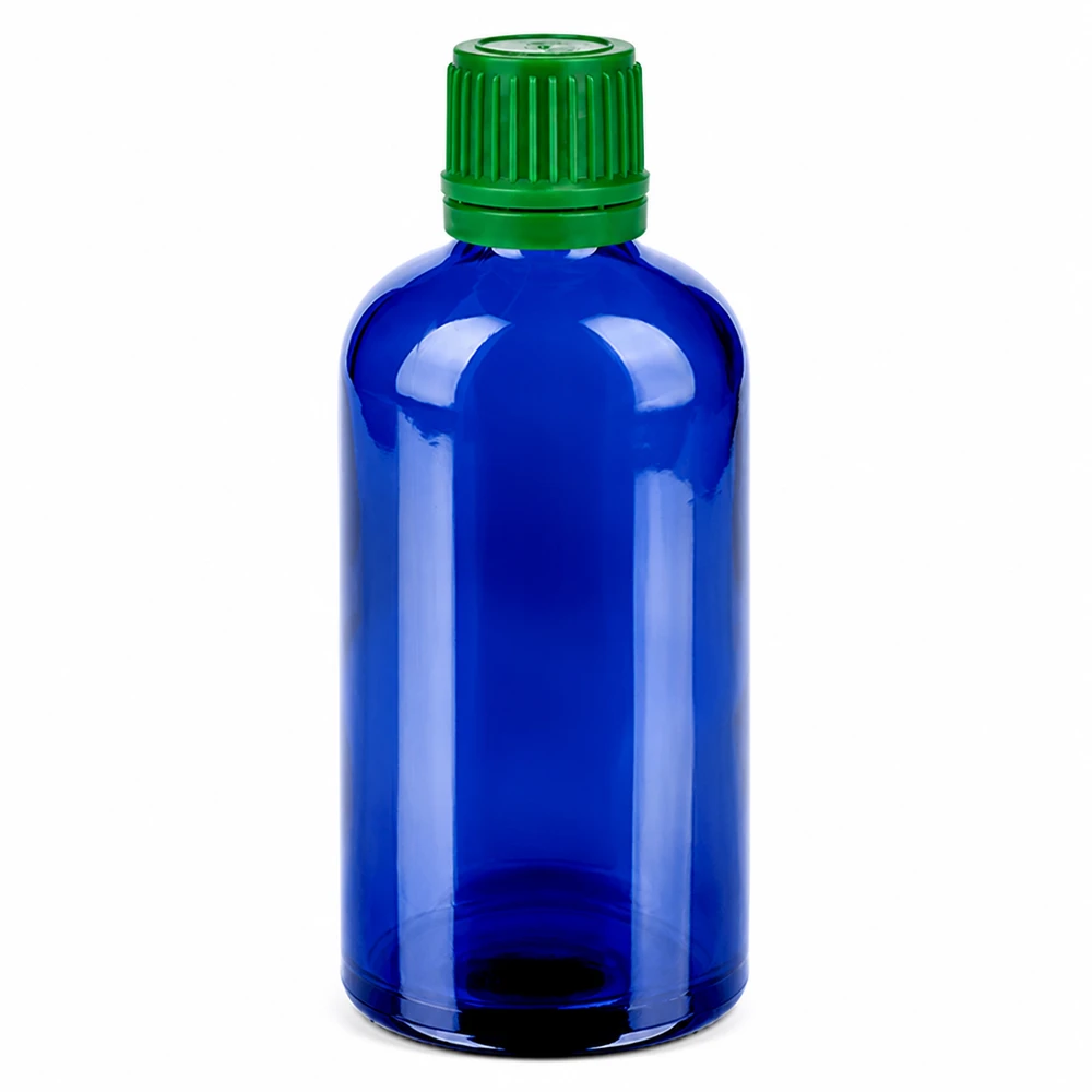 Frasco de vidrio azul de 100 ml con tapón de rosca verde para aceites esenciales y tinturas