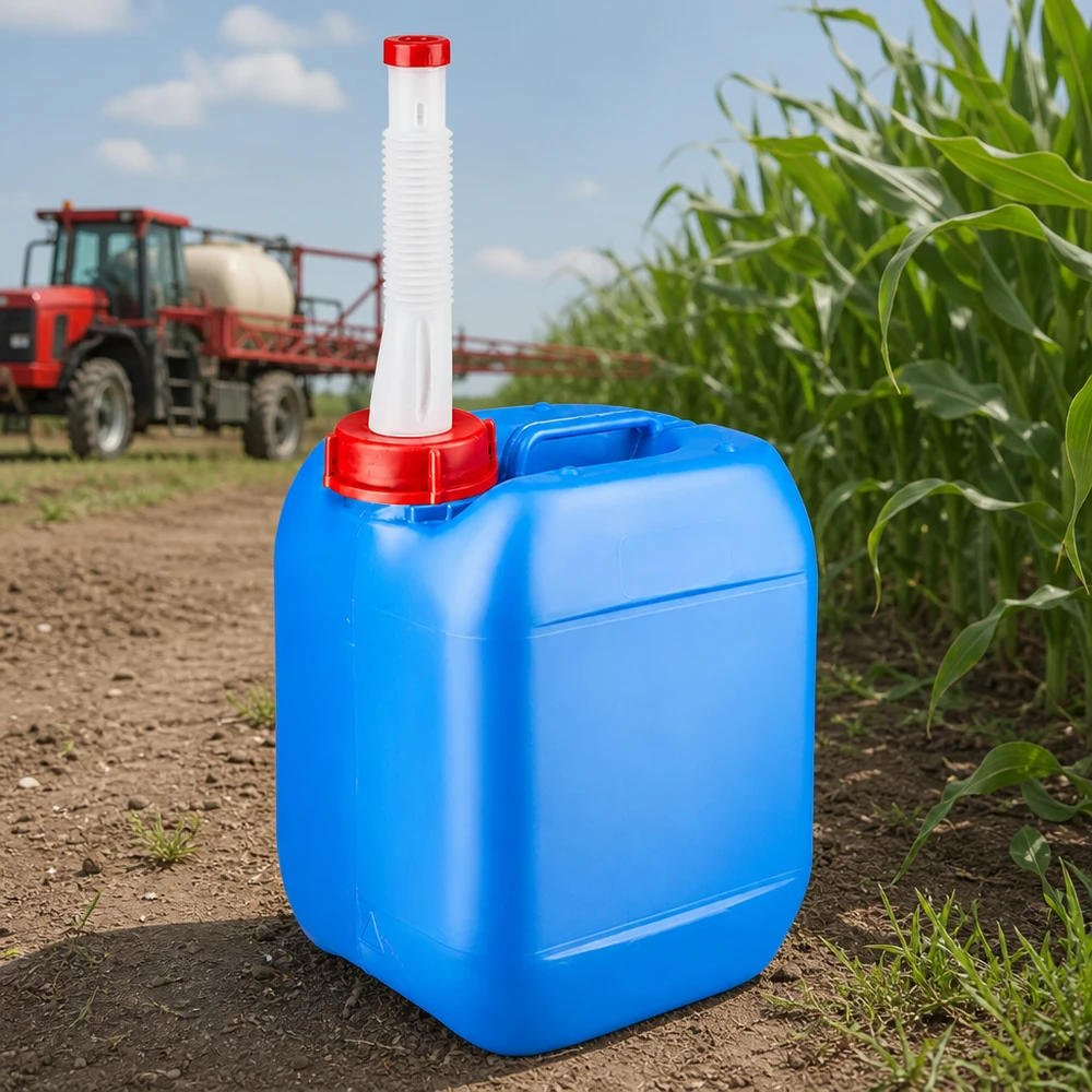 Bidón Agrarkanister de 5 litros, de color azul, con boquilla flexible y tapa roja, delante de un campo de maíz y un tractor