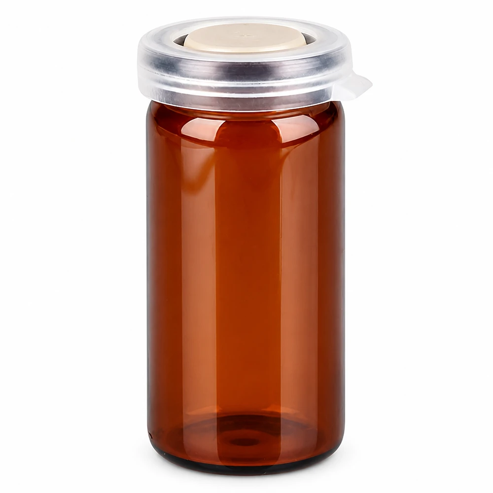 Frasco de cristal marrón con borde enrollado de 10 ml y tapa a presión para comprimidos y cápsulas
