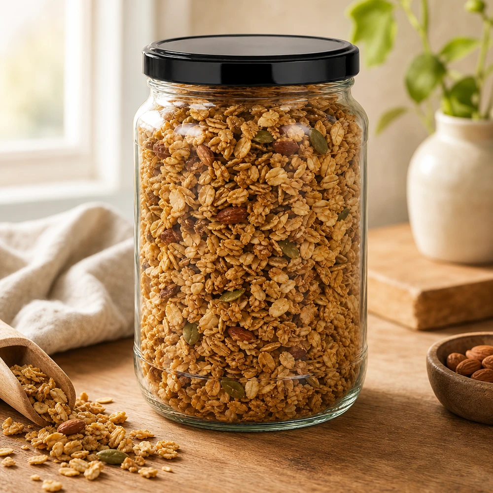 Tarro redondo de 1700ml con tapa BasicSeal negra UNiTWIST Muesli Granola en tarro redondo de 1700ml tapa negra BasicSeal cuchara de madera frutos secos cereales almacenaje