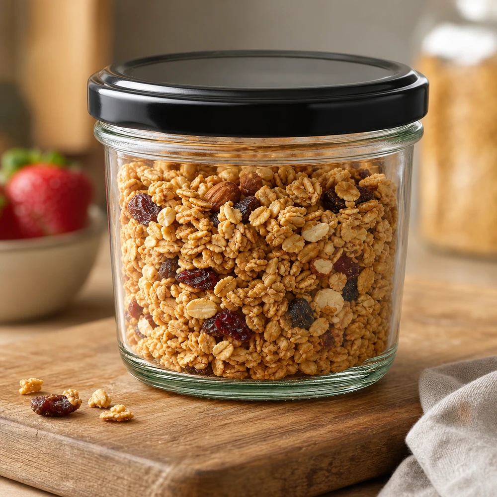 Vasos de 230ml con tapa BasicSeal negro UNiTWIST Un tarro de cristal de 230 ml lleno de muesli y frutos secos demuestra la versatilidad de su uso para almacenar alimentos