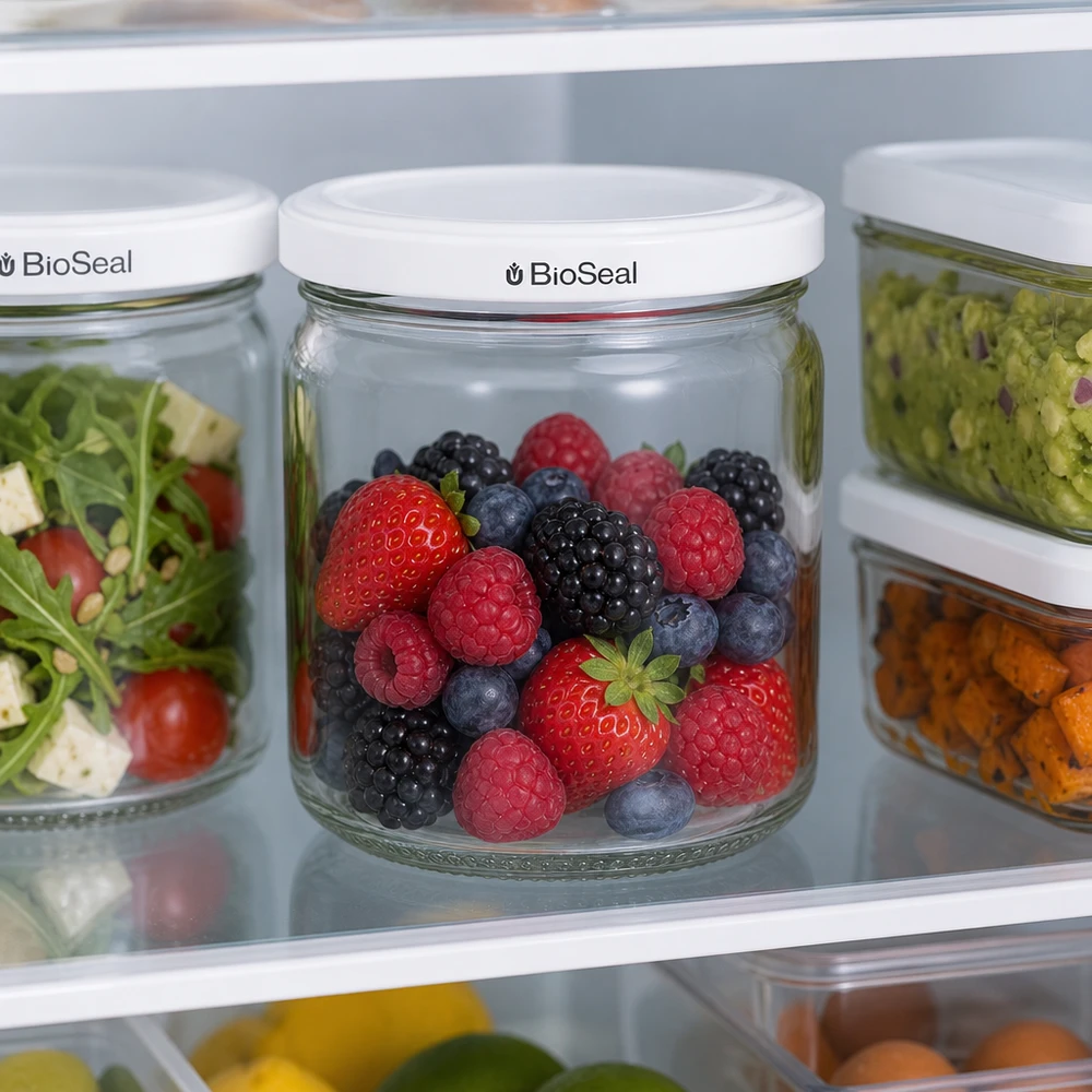 Tarro redondo de 408ml con tapa blanca BioSeal UNiTWIST UNiTWIST Runda408 llena de bayas frescas en la nevera - frescura óptima de la fruta con tapa BioSeal
