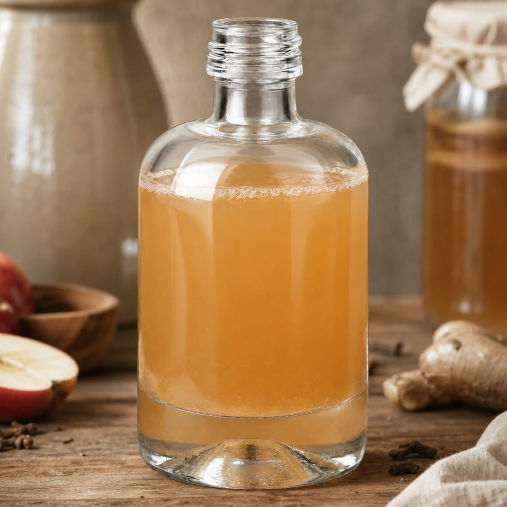 Botella de vidrio de 40 ml Sara con contenido de color ámbar en un ambiente rústico con especias y frutas sin tapón