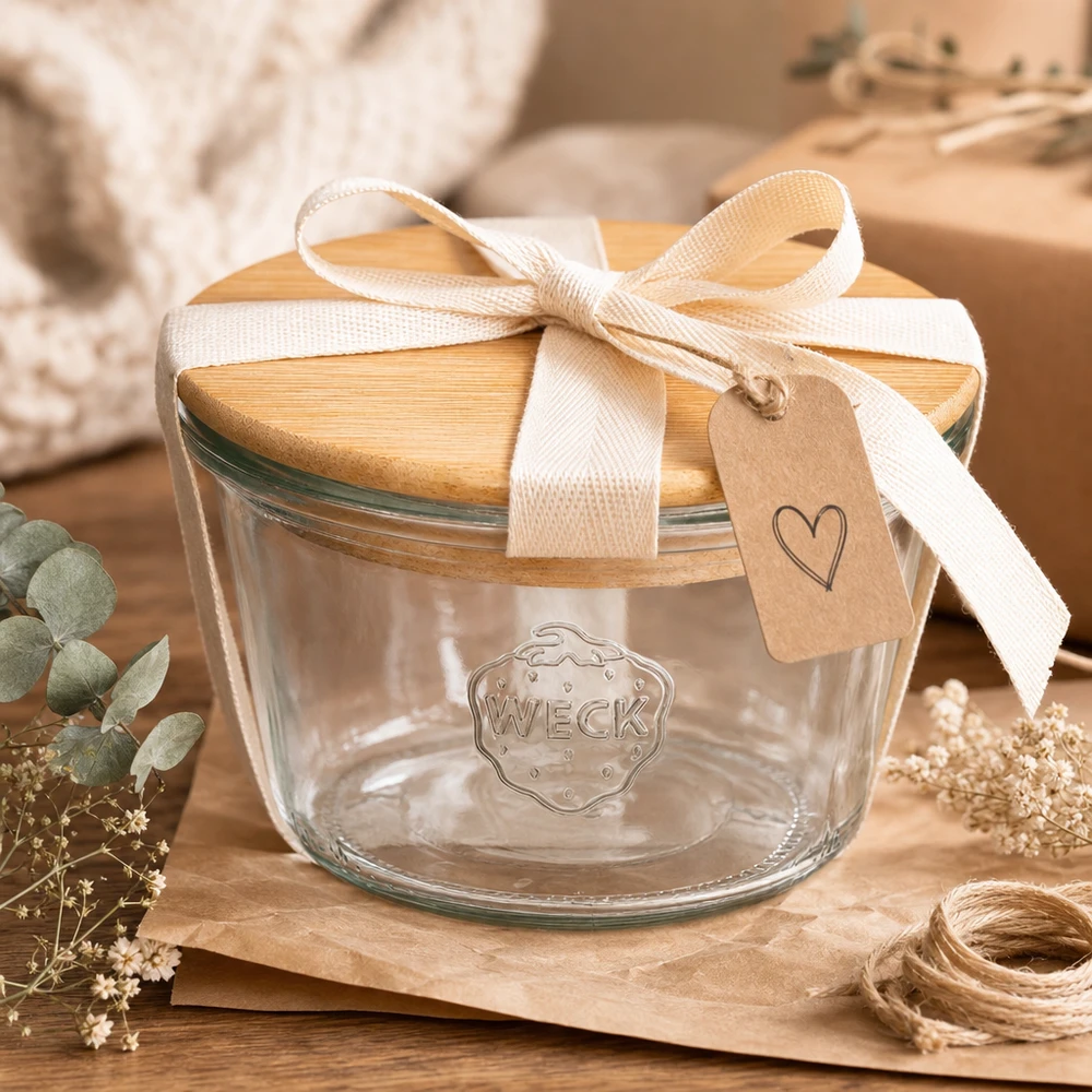 Vasos WECK RR100 con tapa de madera envueltos para regalo con un lazo color crema y un colgante de corazón