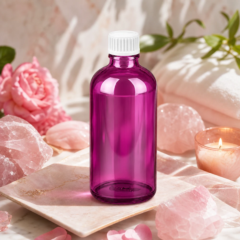 Frasco cosmético violeta de 100 ml de vidrio con tapón de rosca blanco para cuidado de la piel y sueros