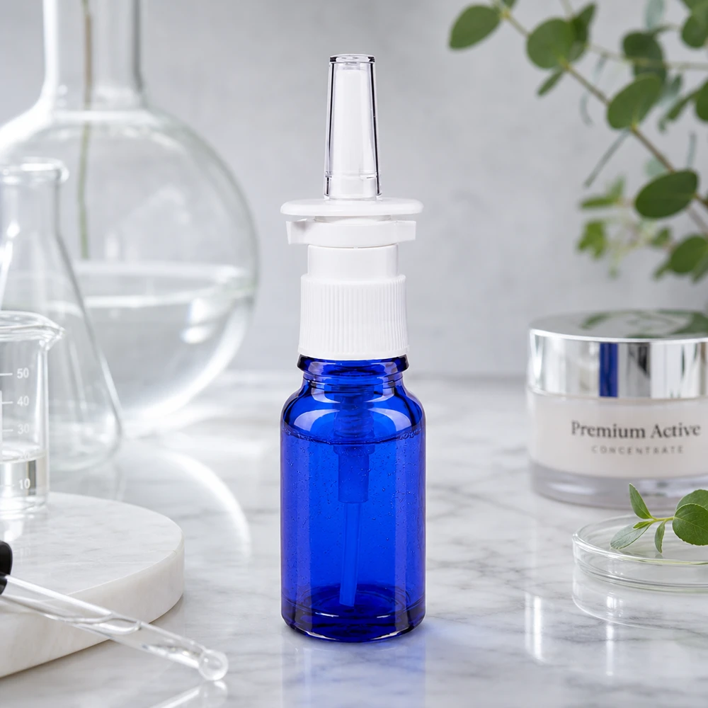 Frasco compacto de 10 ml para spray nasal, de color azul con tapón dosificador blanco y acabado marmolado