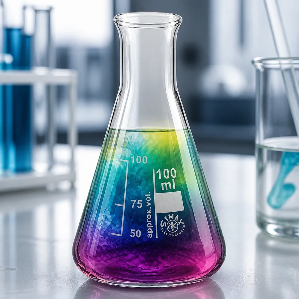 Matraz Erlenmeyer de 100 ml con gradiente de color y cuello estrecho para experimentos químicos