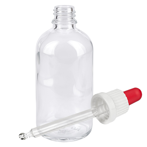 Frasco pipeta 100ml blanco/rojo cierre inviolable ClearLine UT18/100 Frasco con pipeta ClearLine de 100 ml con pipeta cuentagotas y bola de goma roja, blanco, UT18