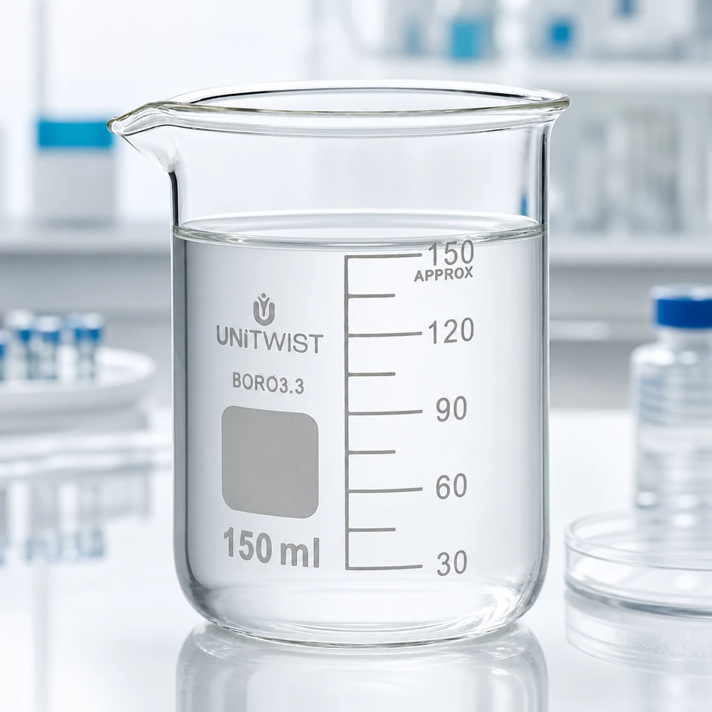 Vaso de precipitados UNiTwist de 150 ml, de borosilicato 3.3, de perfil bajo, lleno de agua transparente en el laboratorio