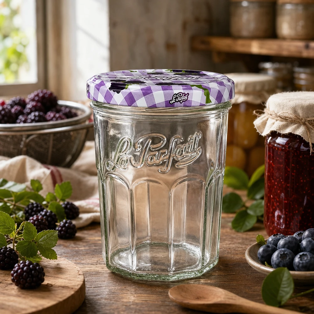 Vasos Le Parfait 385ml en una cocina rústica decorada con bayas frescas y mermelada casera