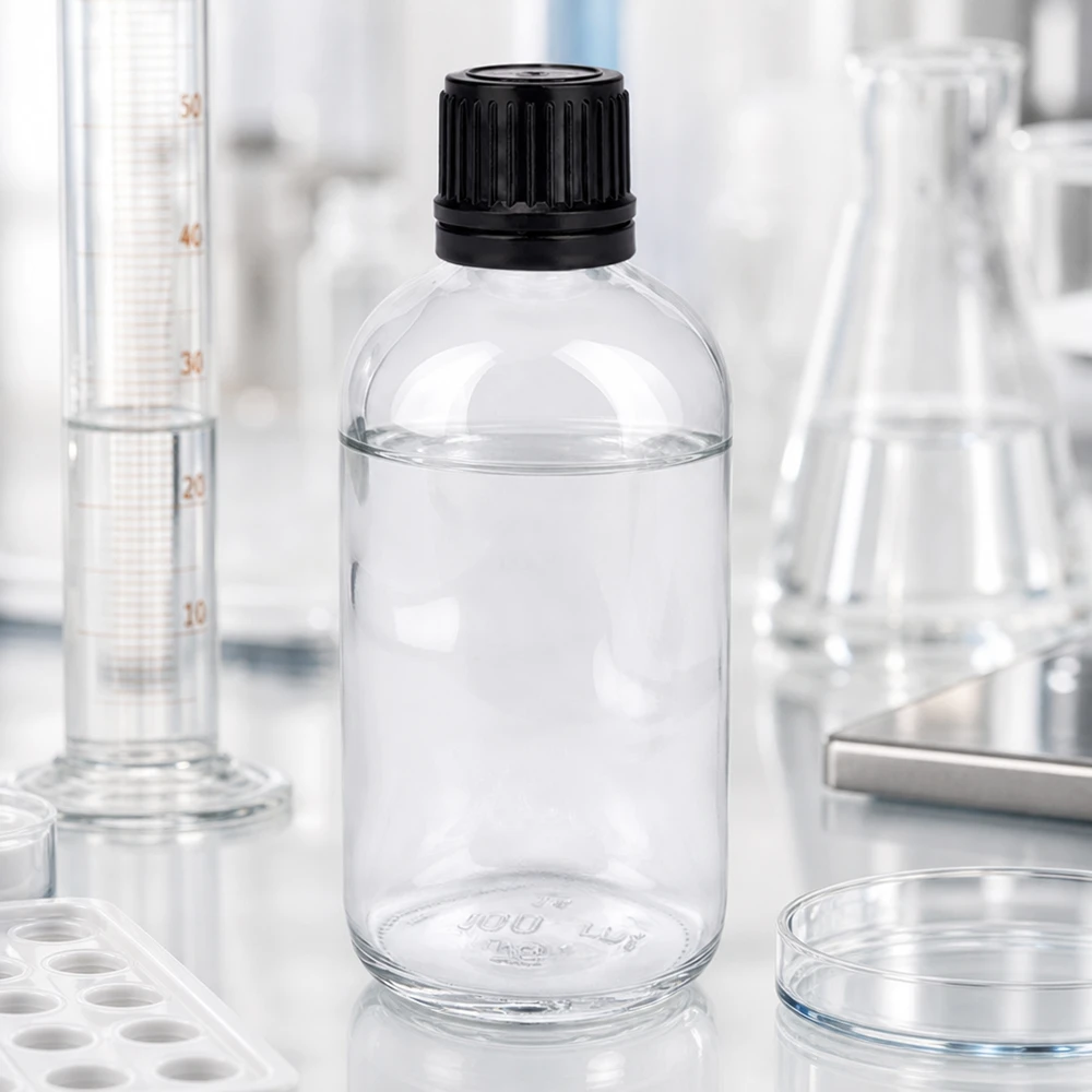 Frasco de laboratorio transparente de 100 ml con frasco para glóbulos de 8 mm y tapón de plástico negro