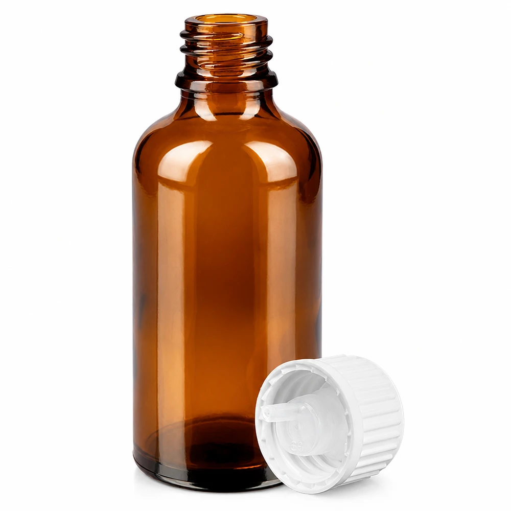 Frasco cuentagotas de 50 ml con cierre estándar blanco de 0,9 mm BrownLine UT18/50 Frasco cuentagotas BrownLine de 50 ml de vidrio ámbar con tapón blanco estándar para farmacias y laboratorios