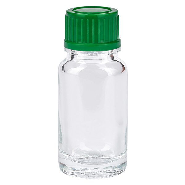 Botella de 10 ml con tapón de rosca de 11 mm, verde ClearLine estándar UT18/10 Botella de 10 ml con tapón de rosca de 11 mm, verde ClearLine estándar UT18/10