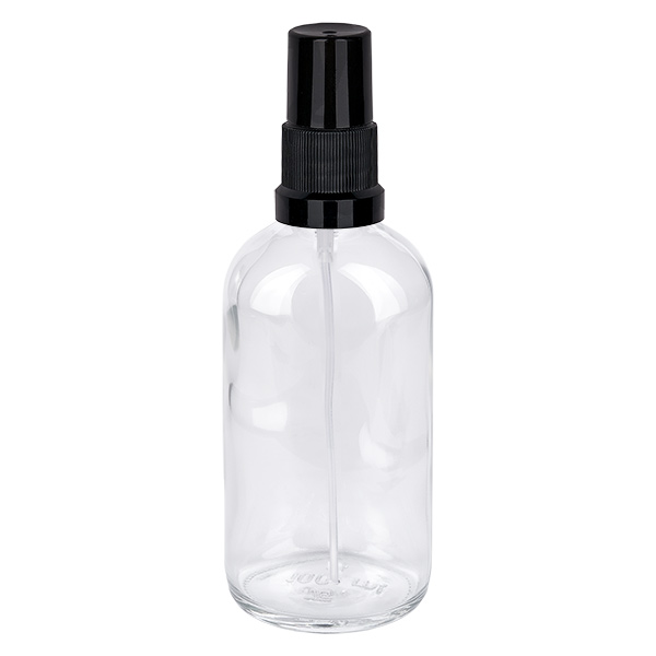Frasco pulverizador de 100 ml negro con tapón estándar ClearLine UT18/100 Frasco de cristal transparente de 100 ml con pulverizador negro STD ClearLine UT18/100