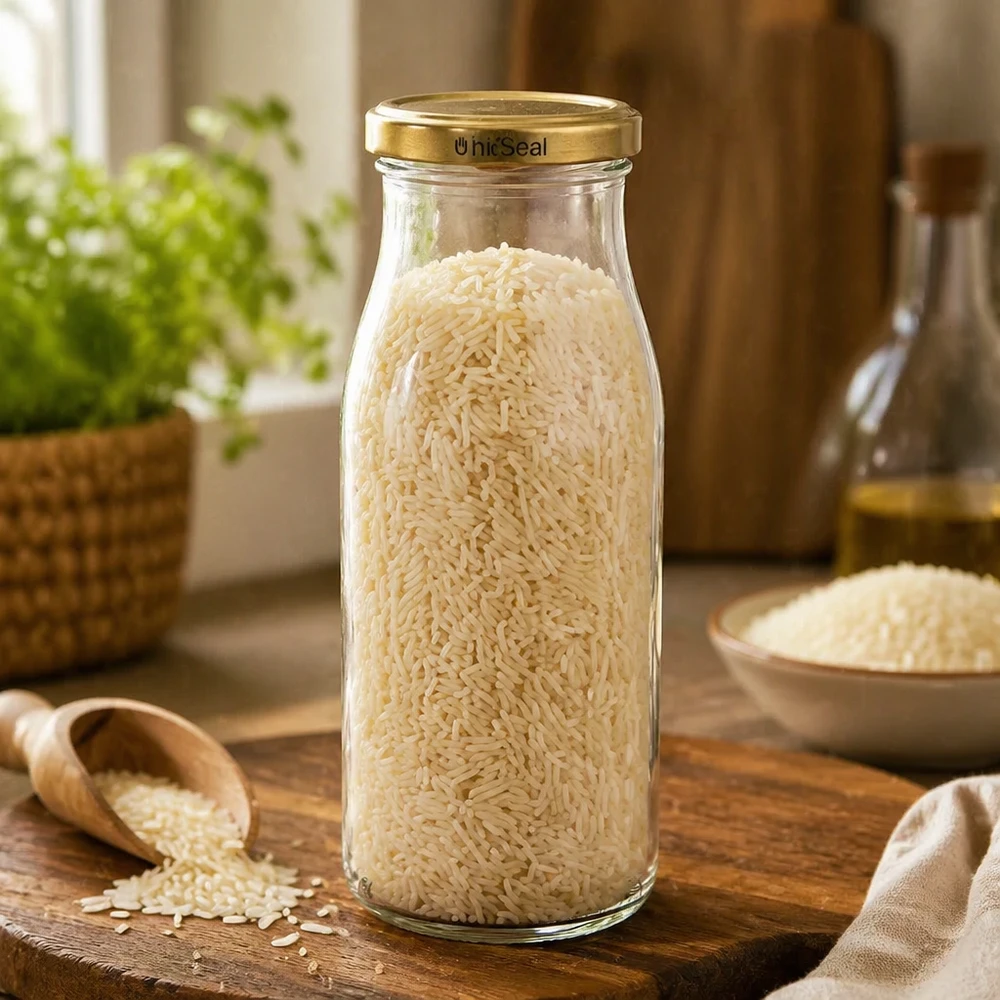 UNiTWIST botella de vidrio 150ml llena de arroz dorado TO43 BioSeal tapa almacenamiento cocina pala de madera