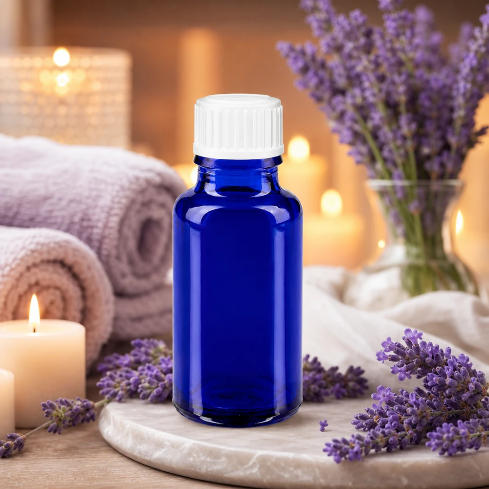 Frasco de cristal azul de 20 ml con tapón de seguridad para niños de color blanco, para aceites esenciales
