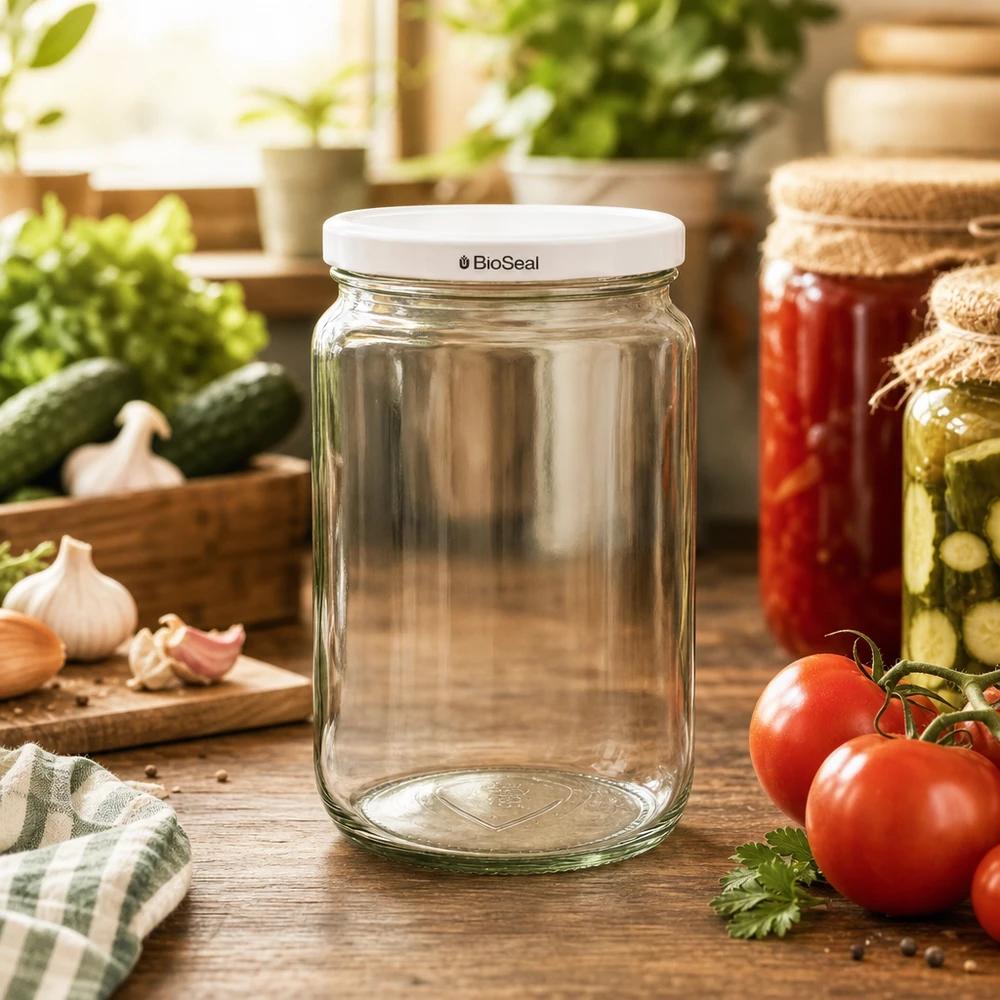 Tarro redondo de 795ml con tapa blanca UNiTWIST BioSeal UNiTWIST Runda795 tarro de conserva en cocina con verduras frescas - perfecto para conservar y enlatar