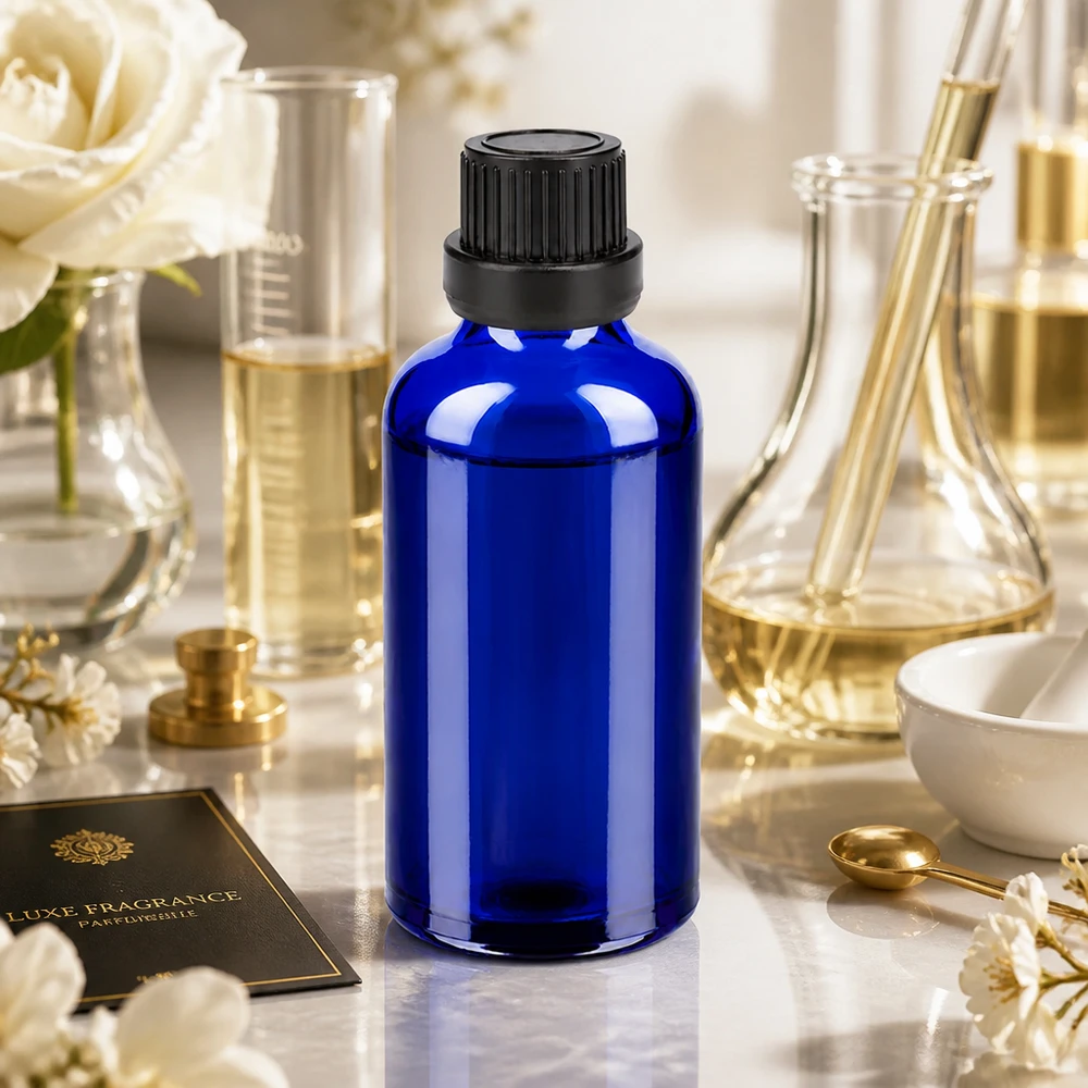 Elegante frasco de cristal azul de 50 ml con tapón de seguridad negro para perfumes y cosméticos