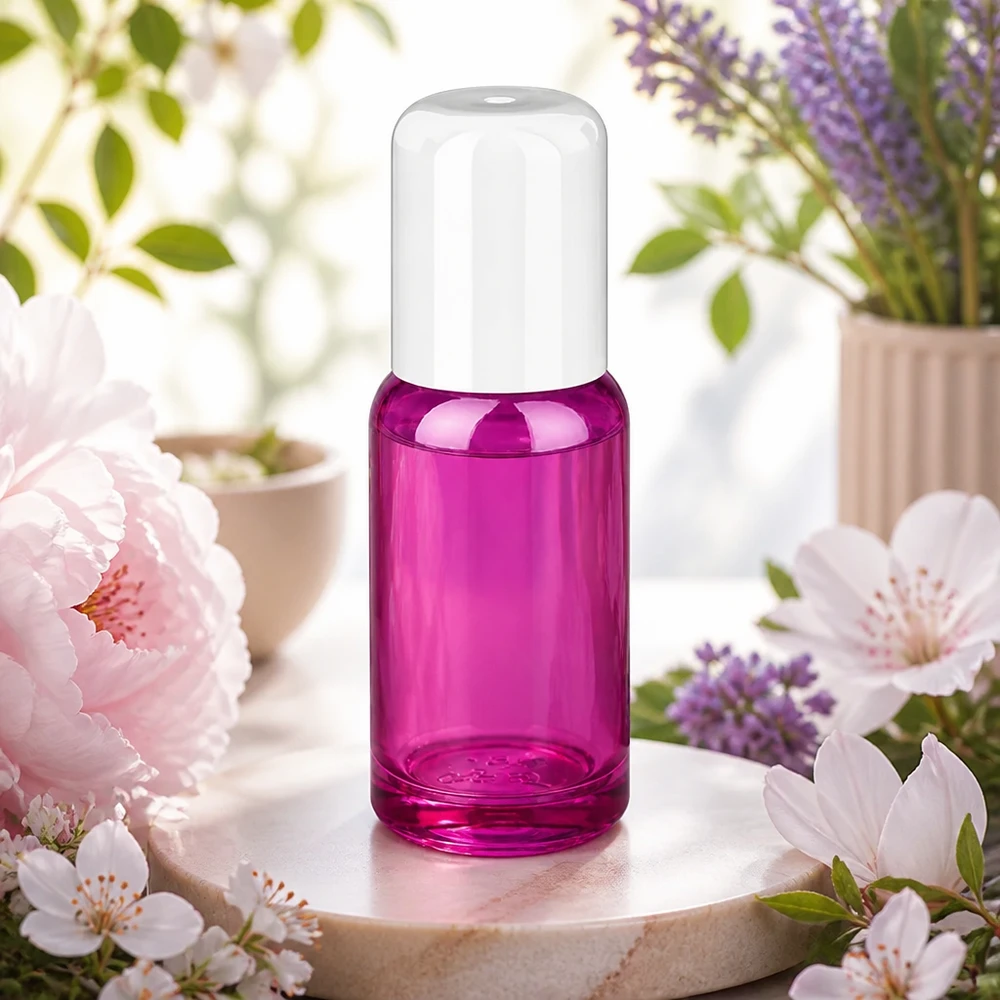 Elegante frasco de cristal de 20 ml con aplicador roll-on en violeta transparente para aceites perfumados