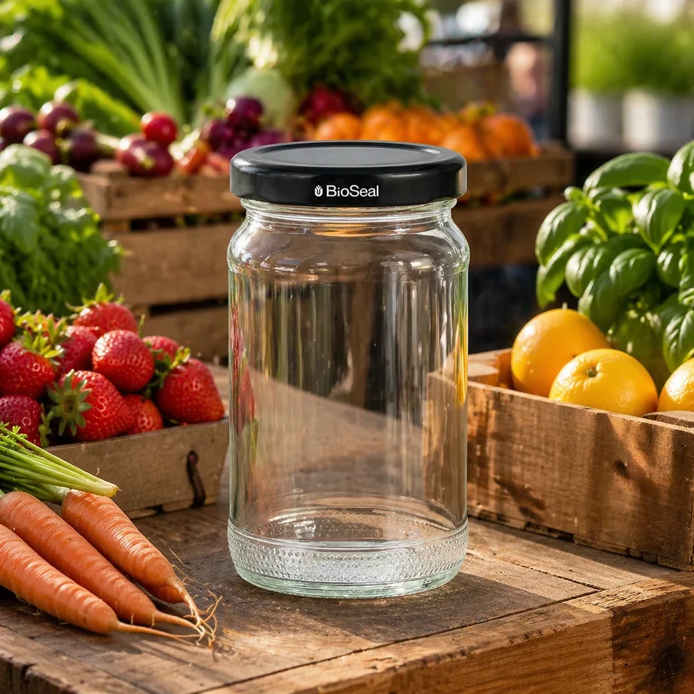 Tarro de conserva vacío UNiTWIST Runda110 con tapa negra TO48 BioSeal rodeado de fruta y verdura fresca