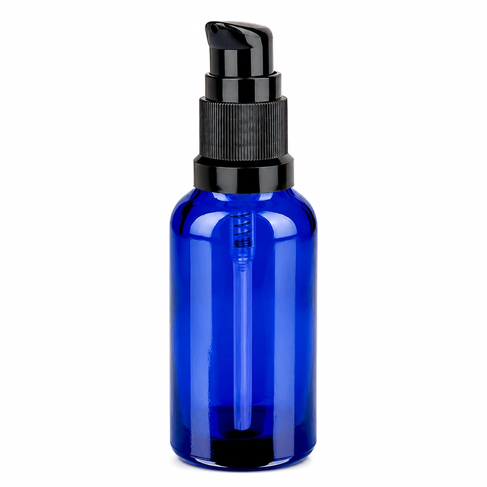 Frasco de cristal azul de 30 ml con dosificador negro para dosificar con precisión los productos para el cuidado de la piel
