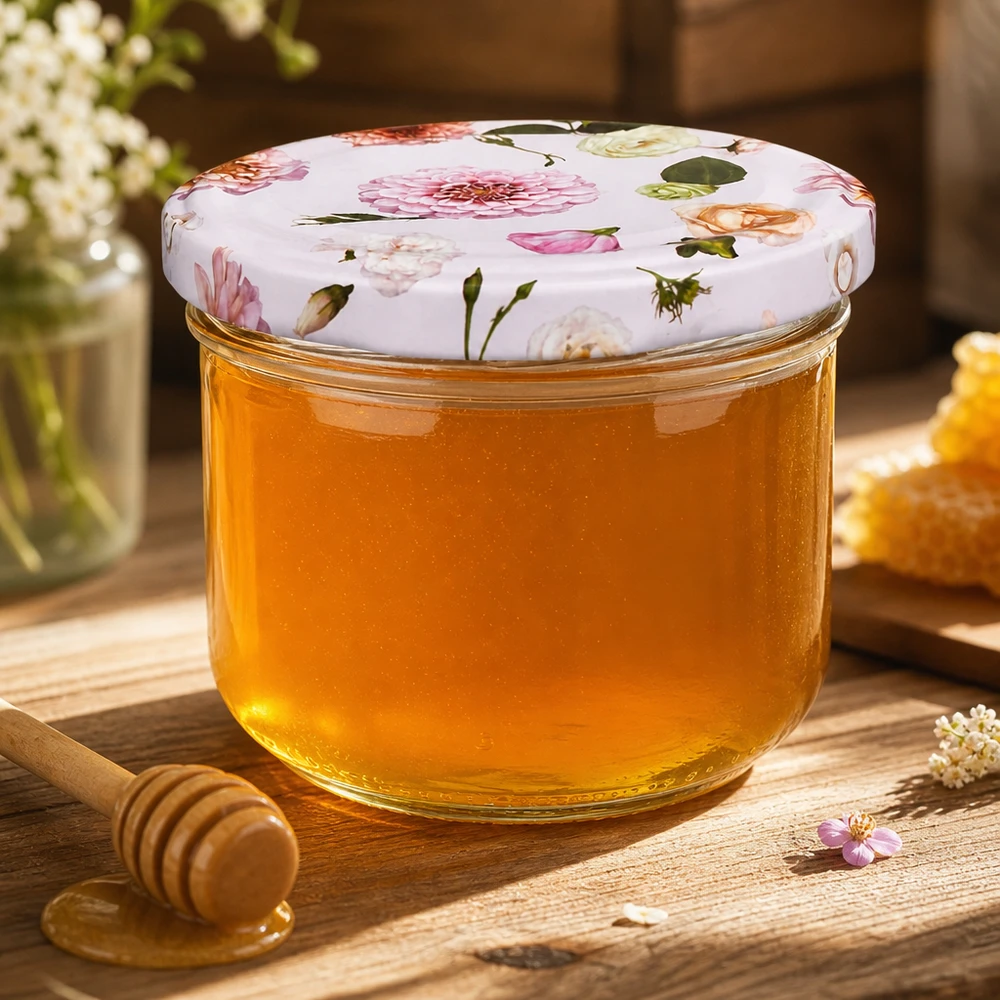 Vasos de 260 ml con tapa de flor rosa rellenos de miel junto a la cuchara de miel - almacenamiento decorativo para dulces