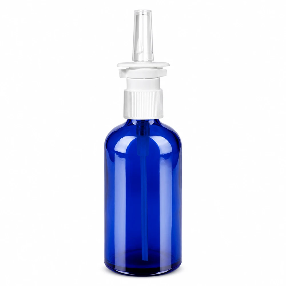 Frasco spray nasal 100ml negro blanco/transparente tapón estándar BlueLine UT18/100 Frasco pulverizador nasal de vidrio azul de 100 ml con accesorio pulverizador blanco para aplicaciones médicas