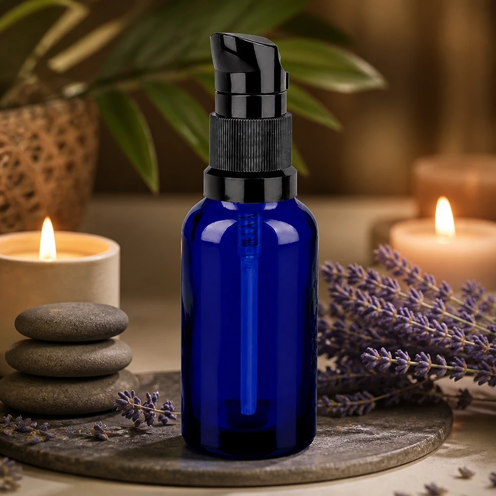 Frasco con bomba de 30 ml de alta calidad STD BlueLine UT18/30 con dosificador negro para aromaterapia