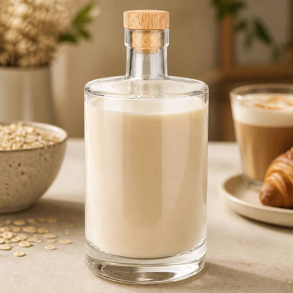 Botella de cristal Marie de 700 ml con contenido cremoso de leche de avena y tapón de madera junto a copos de avena y taza de café