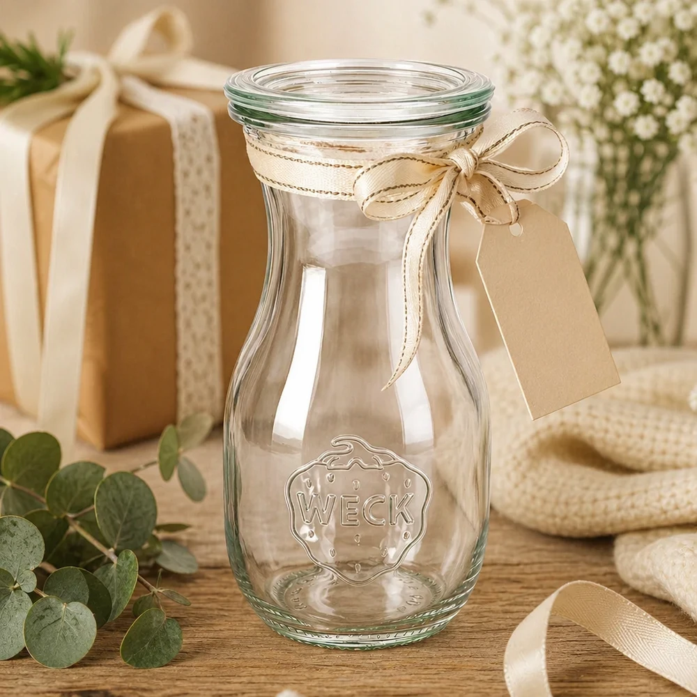 Botella de zumo WECK 290ml RR60 como idea de regalo decorada con lazo y etiqueta junto a caja de regalo y flores