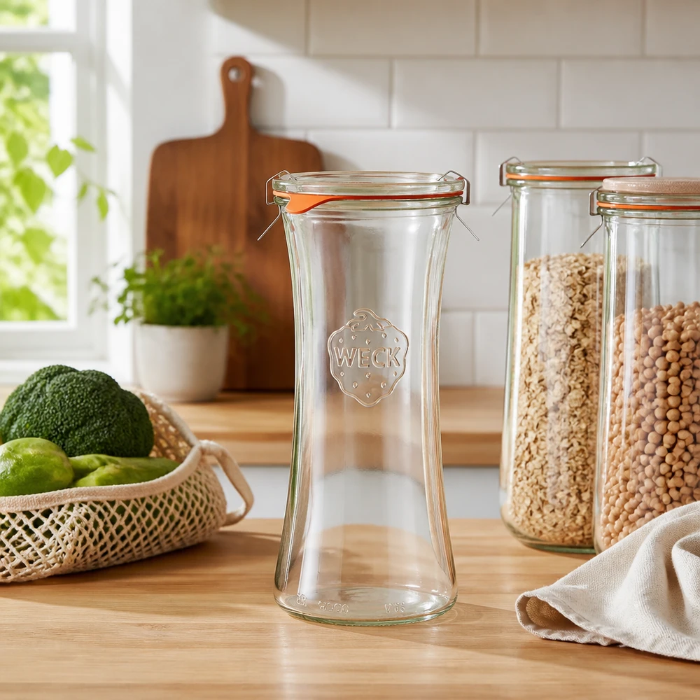 WECK RR80 tarro delicatessen 700ml vacío sobre encimera de madera en cocina luminosa con aguacate, limas y tarros de almacenaje