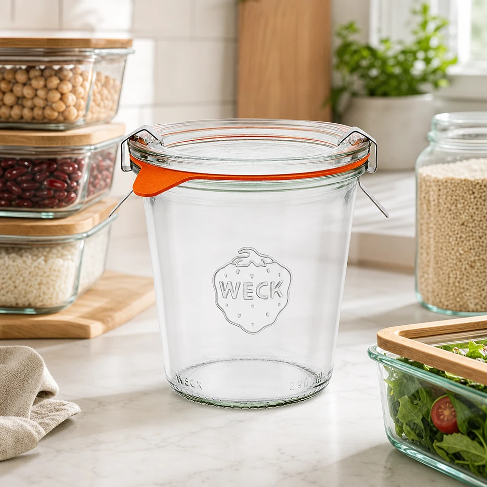 Vaso alto 290ml completo WECK RR80 Tarro de conserva WECK 290ml RR80 con anillo de goma naranja y tapa abatible en cocina moderna con tarros de conservación