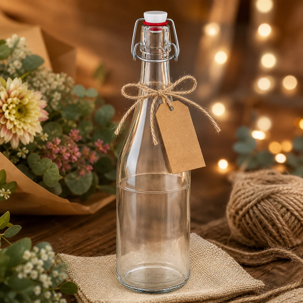 Botella de cristal 750ml tapa abatible PVC UNiTWIST embalaje regalo papel artesanal colgante decoración rústica
